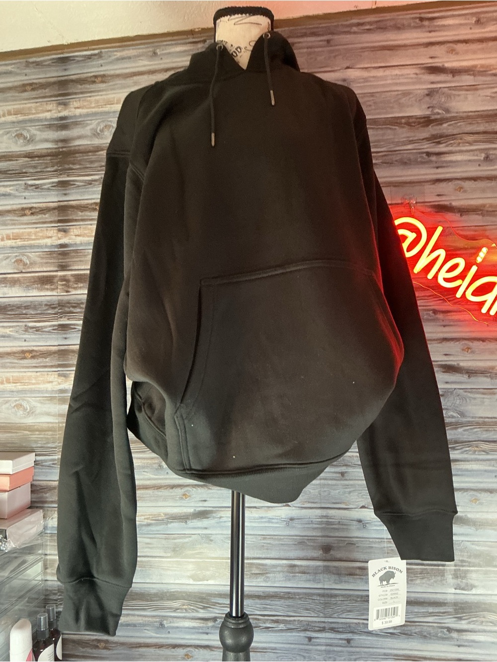 ⭐ Black Bison Black Pullover Hoodie Fleece Pocket Casual Size M L - Picture 10 of 10